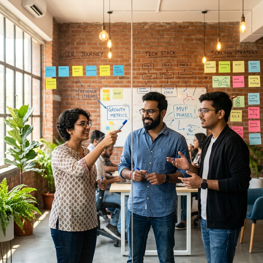 Indian startup founders brainstorming strategy